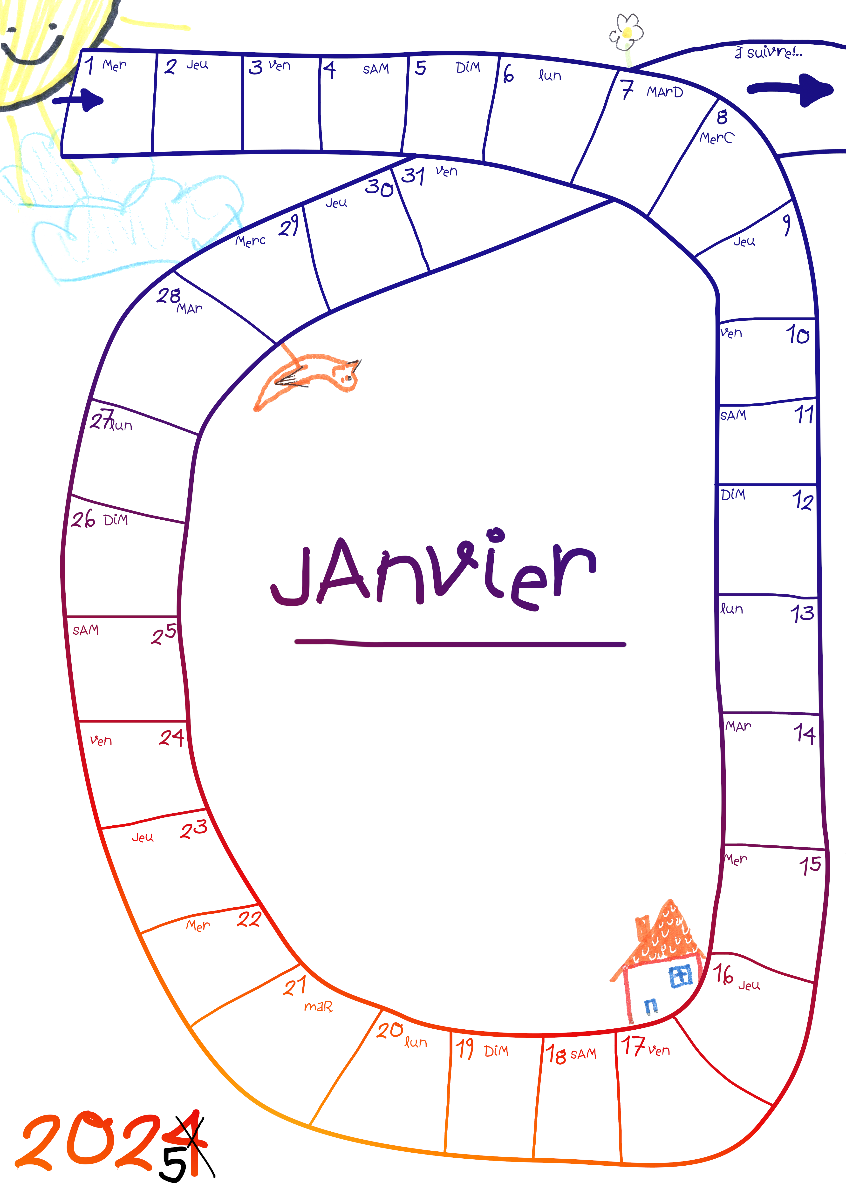 La page de janvier du calendrier. On y voit dans des traits hasardeux et des écritures enfantines un parcours pour chaque mois (qui tourne en rond à la manière d'un jeu de l'oie). En bas à gauche, le 2024 est barré et remplacé par un 2025